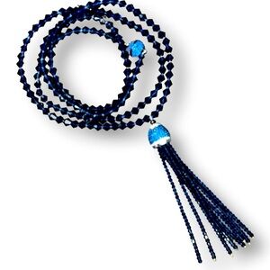 Blue Beaded Glass Faceted Cut Lariat Necklace 36” Magnetic Clasps